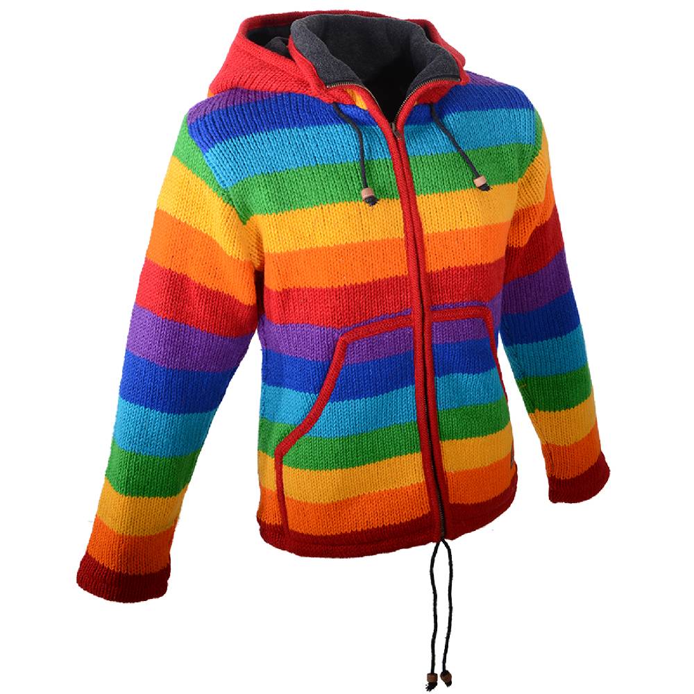 Kunst Und Magie Damen Regenbogen Strickjacke Goa Wolle Jacke mit Fleecefutter und abnehmbarer Zipfelkapuze Großer Ausverkauf