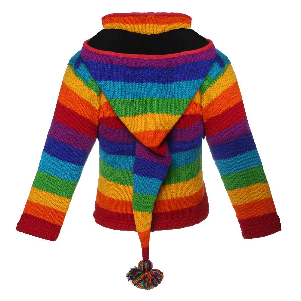 Kunst Und Magie Damen Regenbogen Strickjacke Goa Wolle Jacke mit Fleecefutter und abnehmbarer Zipfelkapuze Großer Ausverkauf