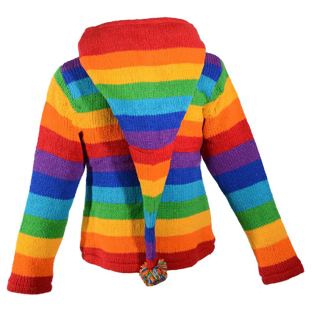 Kunst Und Magie Damen Regenbogen Strickjacke Goa Wolle Jacke mit Fleecefutter und abnehmbarer Zipfelkapuze Großer Ausverkauf