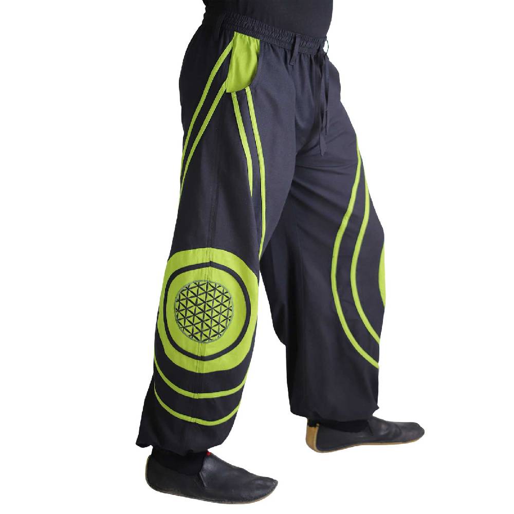 Kunst Und Magie Hose Blume des Lebens Goa Hippiehose Pluderhose mit Kordelzug Gürtelschlaufen Haremshose Flower of Life Flash Sale