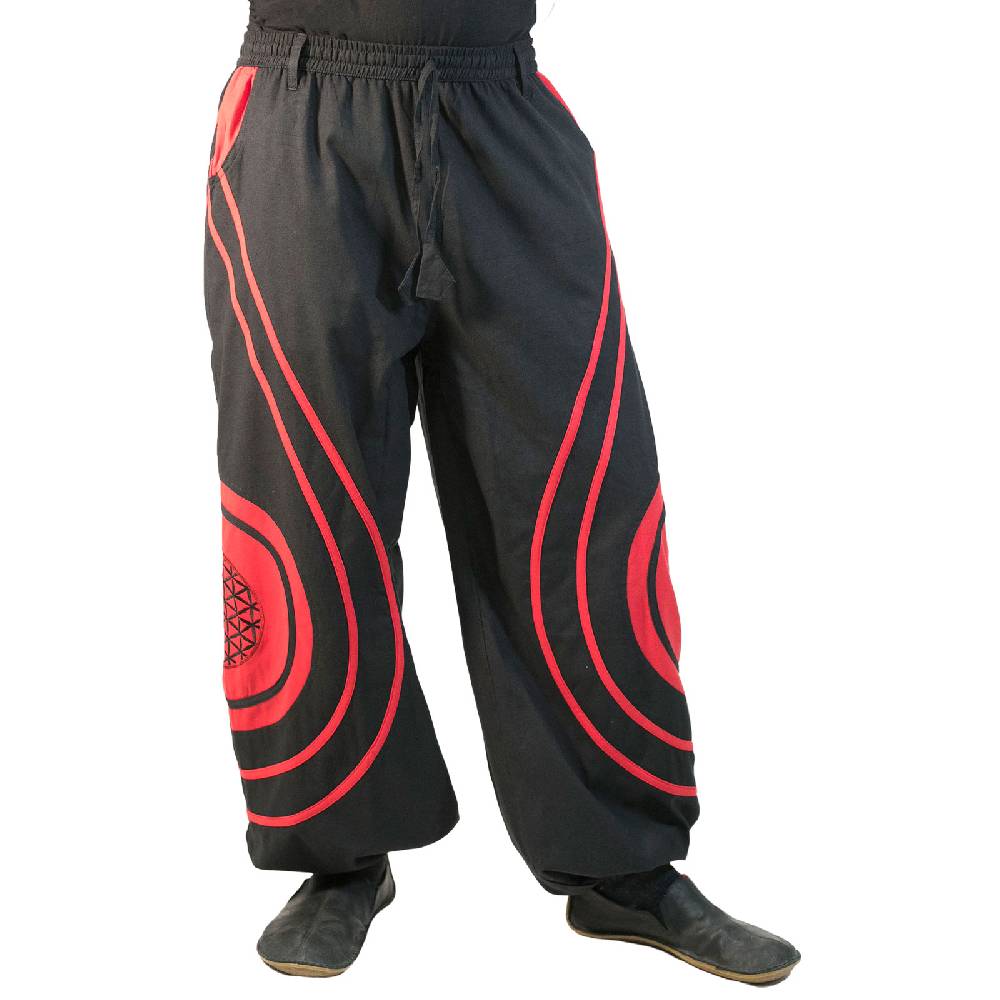 Kunst Und Magie Hose Blume des Lebens Goa Hippiehose Pluderhose mit Kordelzug Gürtelschlaufen Haremshose Flower of Life Flash Sale