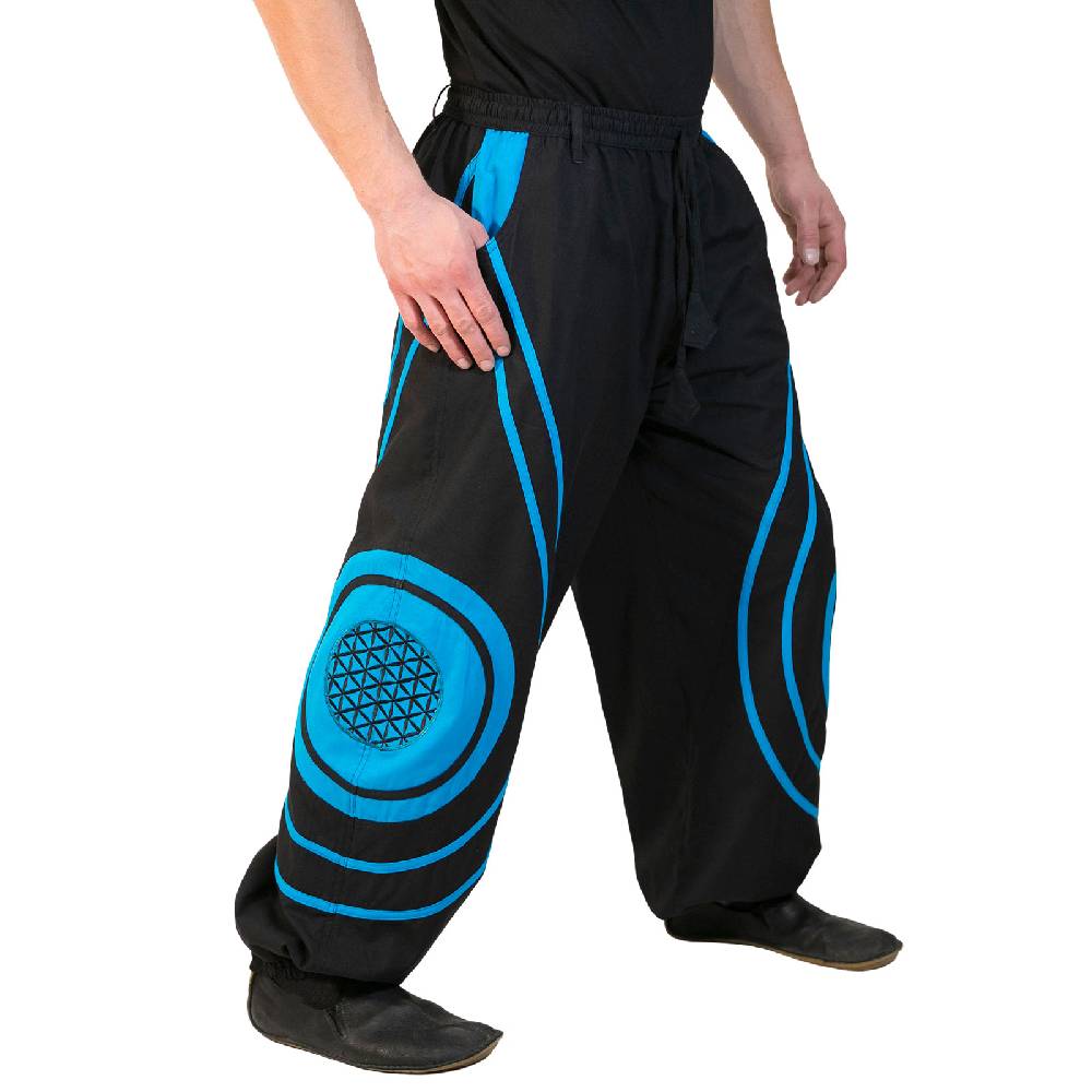 Kunst Und Magie Hose Blume des Lebens Goa Hippiehose Pluderhose mit Kordelzug Gürtelschlaufen Haremshose Flower of Life Flash Sale