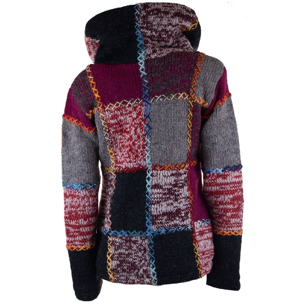 Kunst Und Magie Damen Strickjacke Goa Wolle Bunte Patchwork Winter Jacke mit Fleecefutter und Hochkragen Boho Muttertagsangebot