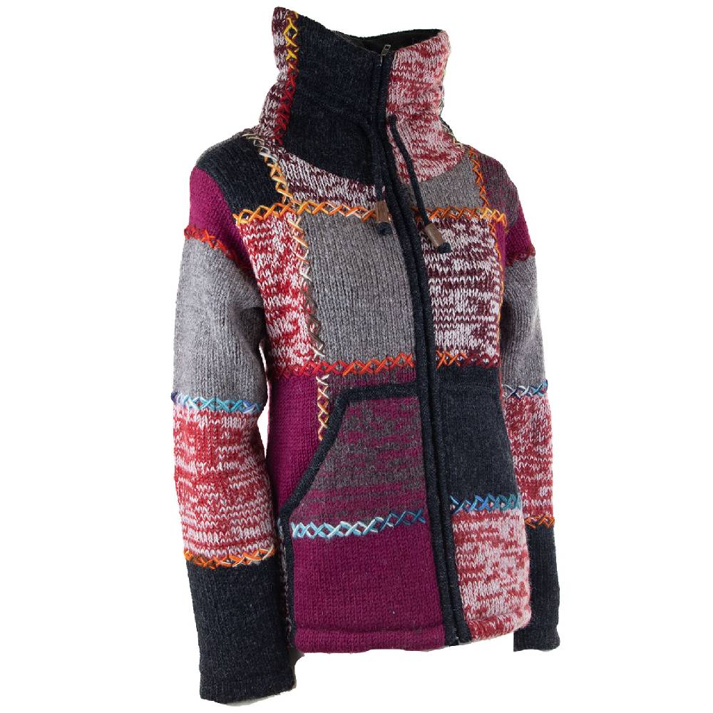 Kunst Und Magie Damen Strickjacke Goa Wolle Bunte Patchwork Winter Jacke mit Fleecefutter und Hochkragen Boho Muttertagsangebot