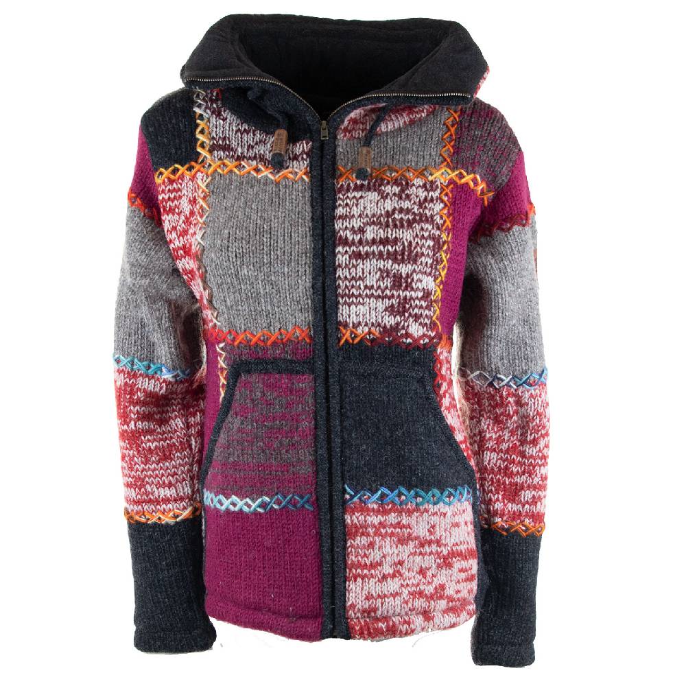 Kunst Und Magie Damen Strickjacke Goa Wolle Bunte Patchwork Winter Jacke mit Fleecefutter und Hochkragen Boho Muttertagsangebot