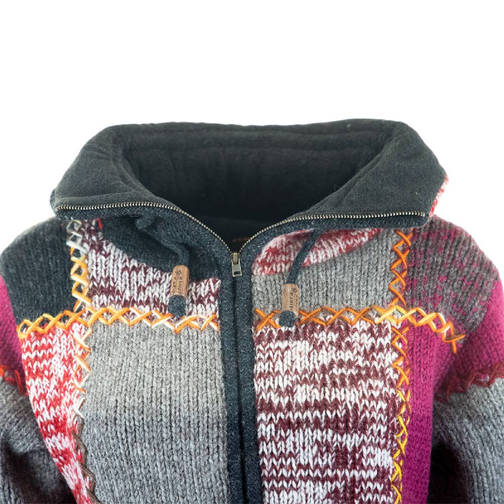 Kunst Und Magie Damen Strickjacke Goa Wolle Bunte Patchwork Winter Jacke mit Fleecefutter und Hochkragen Boho Muttertagsangebot