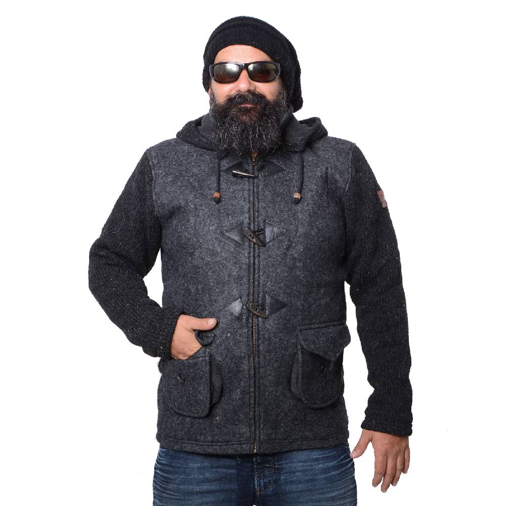 Kunst Und Magie Kunst und Magie Herren Loden Jacke mit gestrickten Ärmeln und abnehmbarer Kapuze Letzte 2 Tage