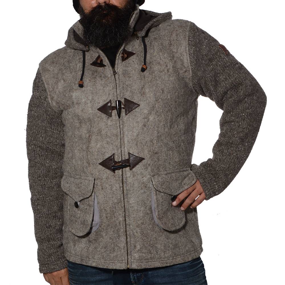 Kunst Und Magie Kunst und Magie Herren Loden Jacke mit gestrickten Ärmeln und abnehmbarer Kapuze Letzte 2 Tage