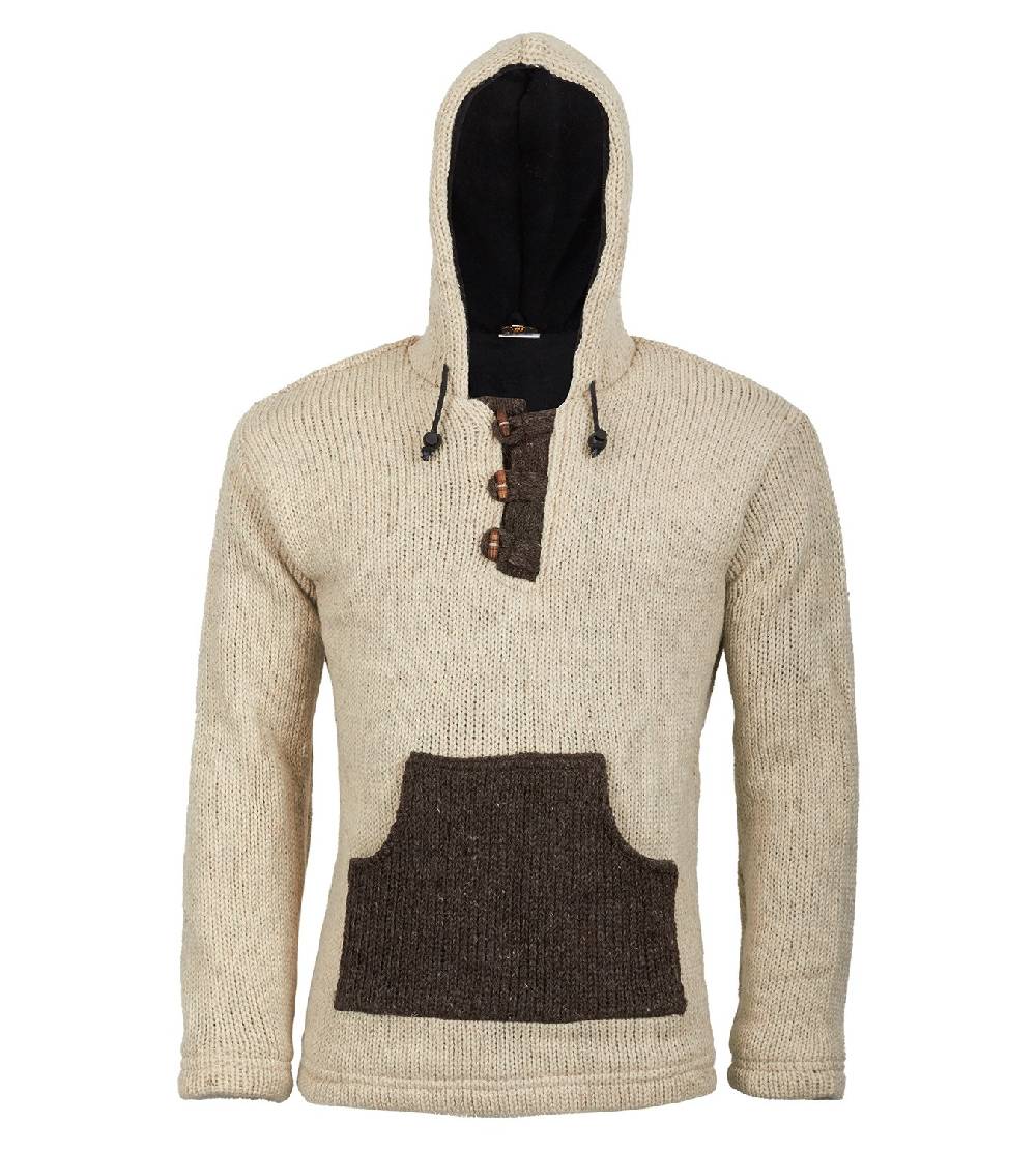 Kunst Und Magie Kunst und Magie Herren Strickpullover Kapuze Wollpullover Nepal Baja Fleecefutter Hoodie Im Verkauf