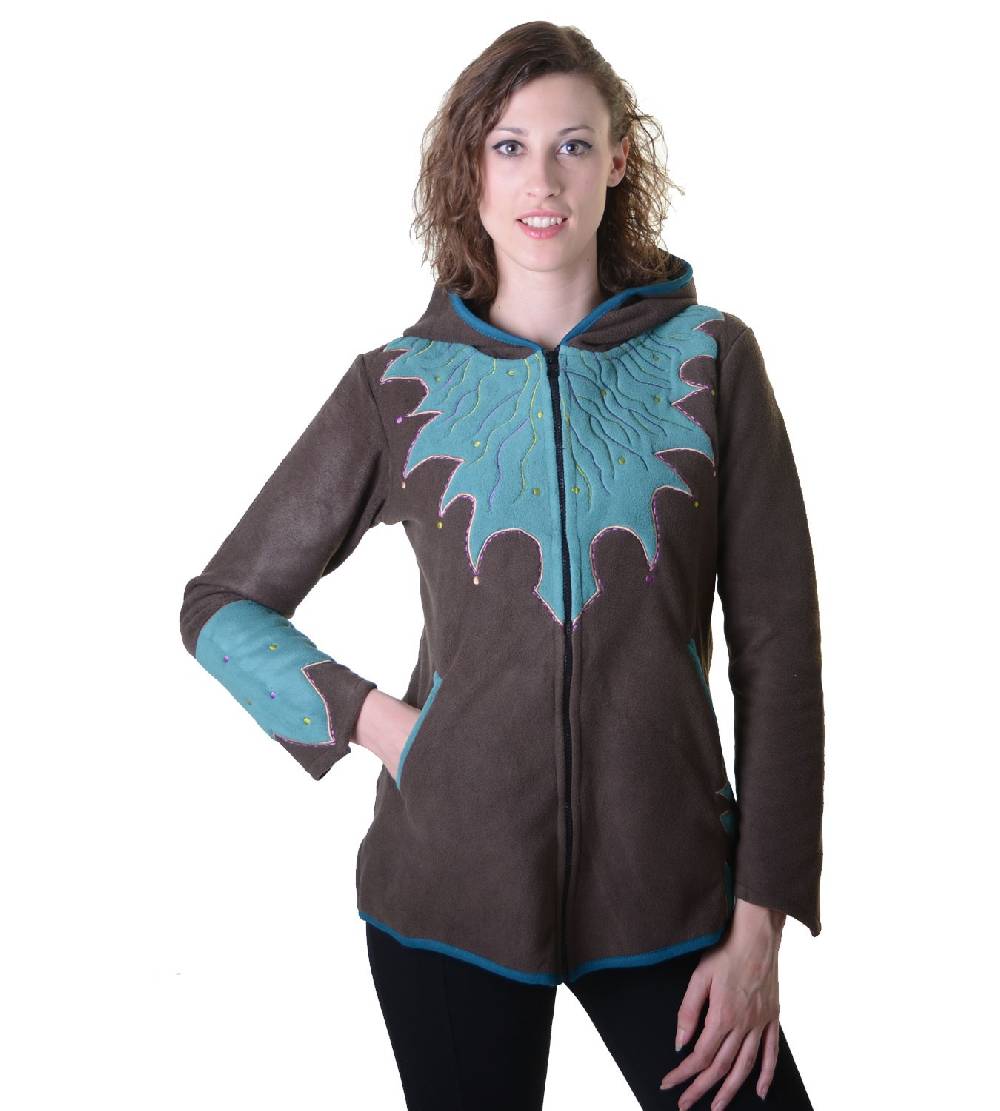 Kunst Und Magie Damen Hippie Fleecejacke "The Tree" mit Kapuze und bunten Herbst-Mustern im Angebot