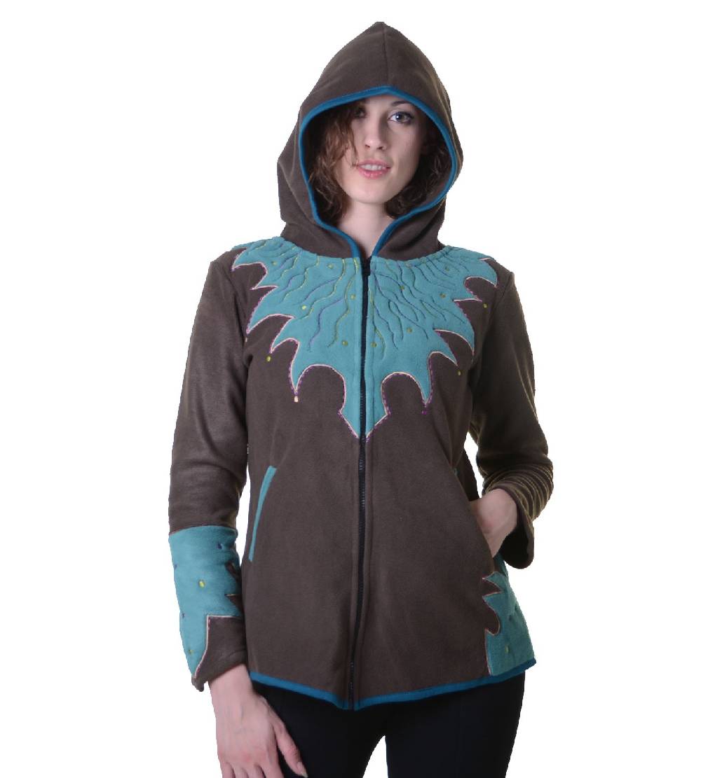 Kunst Und Magie Damen Hippie Fleecejacke "The Tree" mit Kapuze und bunten Herbst-Mustern im Angebot