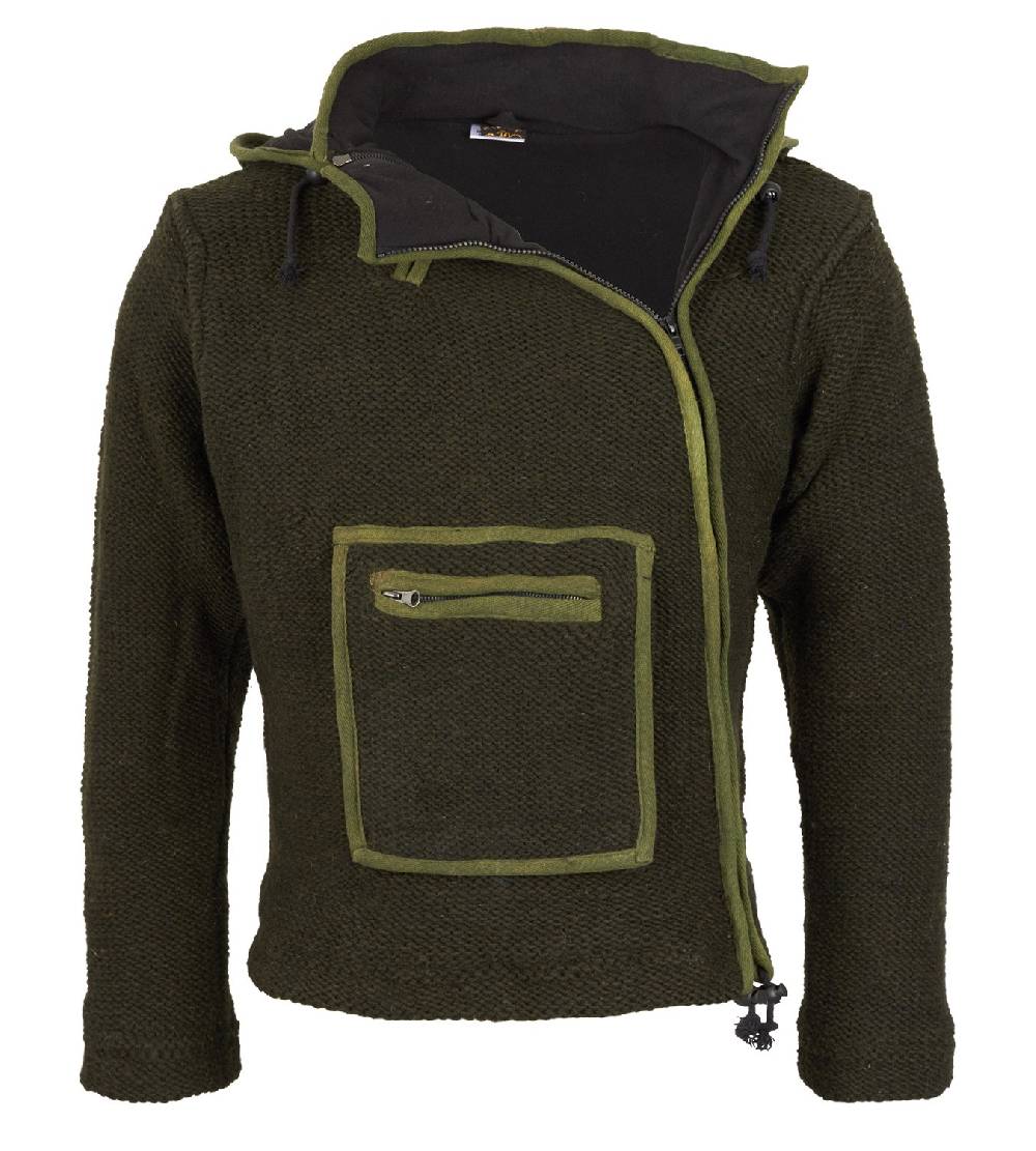 Kunst Und Magie Baja Herren-Strickjacke mit Fleecefutter und Zipfelkapuze Poncho Goa Hippie