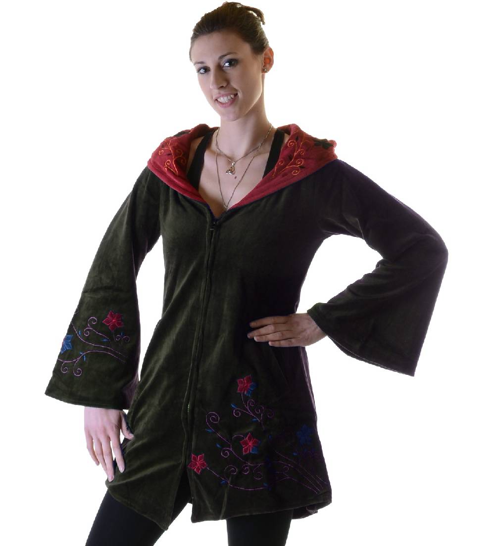 Kunst Und Magie Elfenhafte Samtjacke mit Zipfelkapuze mit Blumenstickerei Valentinstagsangebot