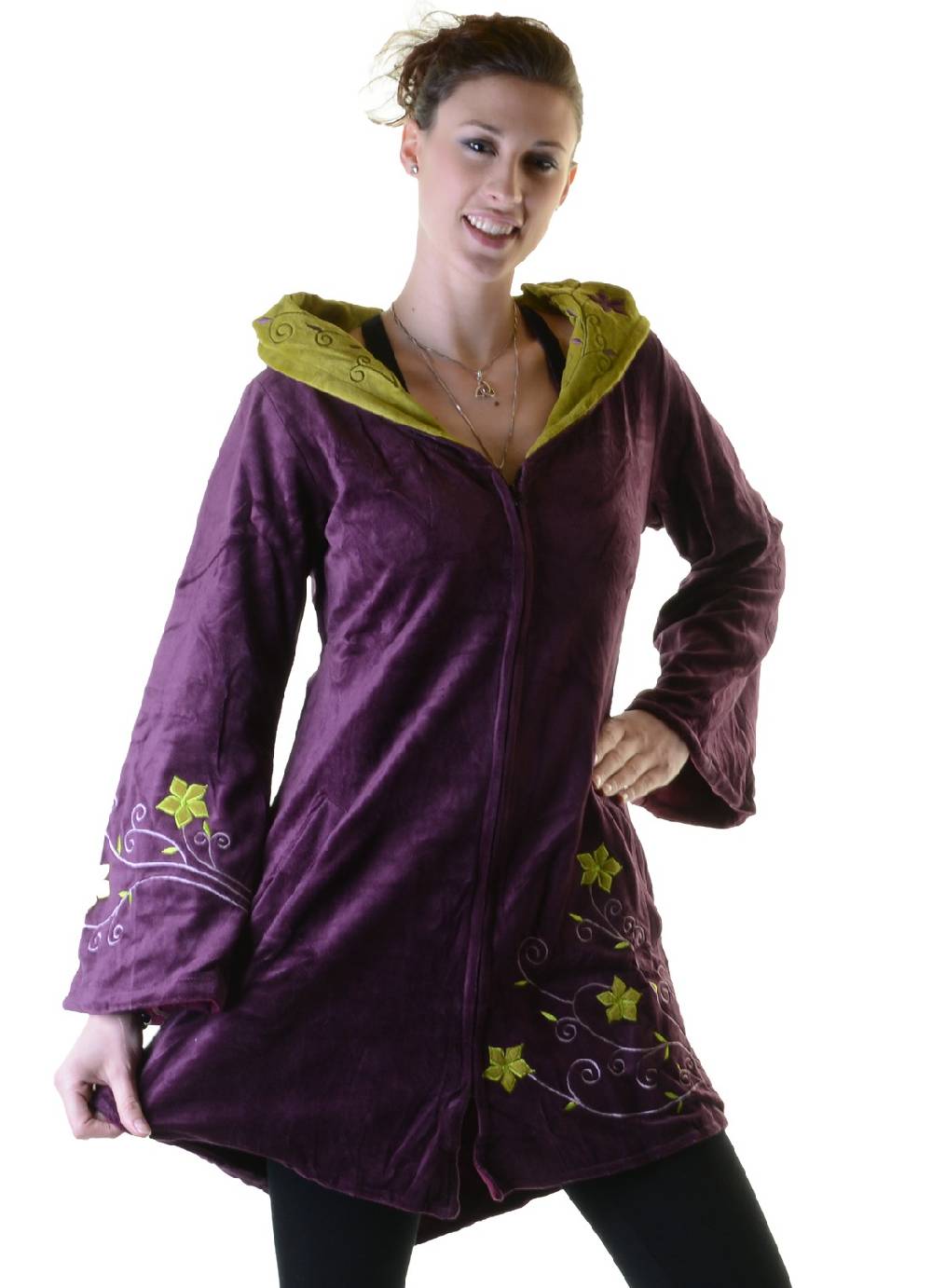 Kunst Und Magie Elfenhafte Samtjacke mit Zipfelkapuze mit Blumenstickerei Valentinstagsangebot