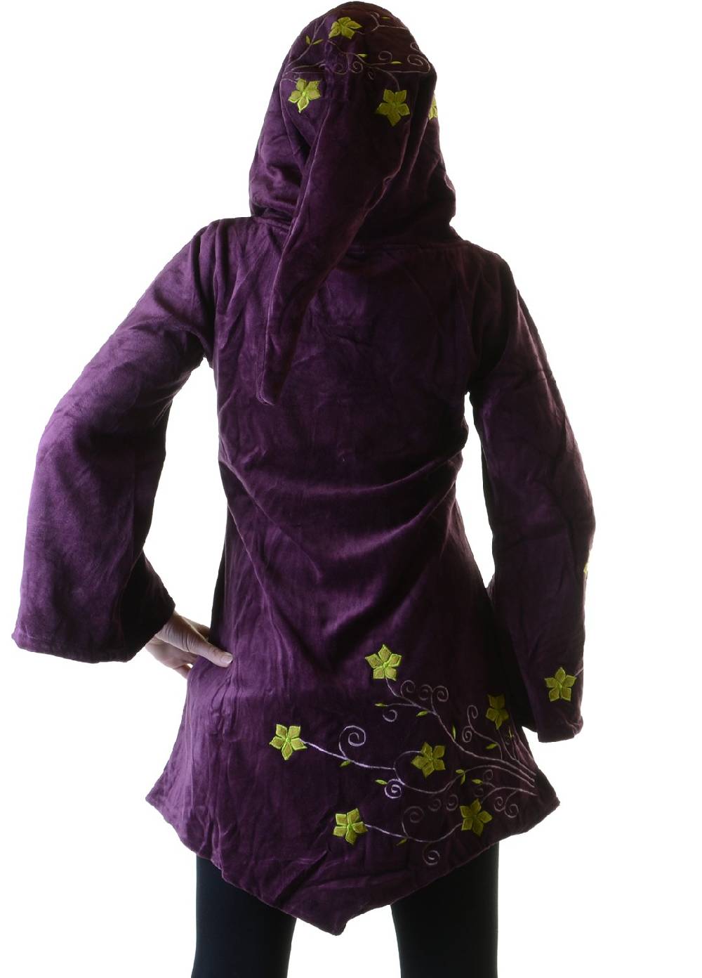 Kunst Und Magie Elfenhafte Samtjacke mit Zipfelkapuze mit Blumenstickerei Valentinstagsangebot