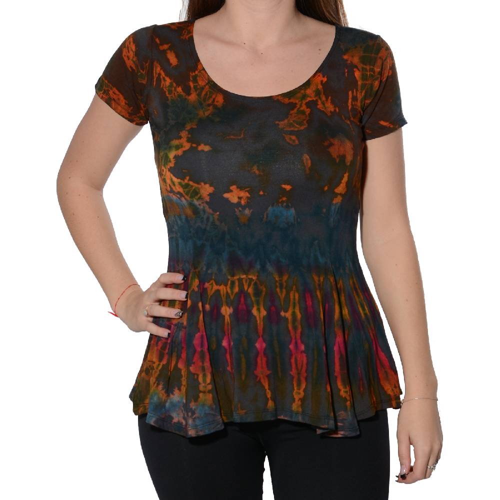 Kunst Und Magie Kunst und Magie Damen Buntes Tie Dye Batik T-Shirt mit Volant Räumungsverkauf