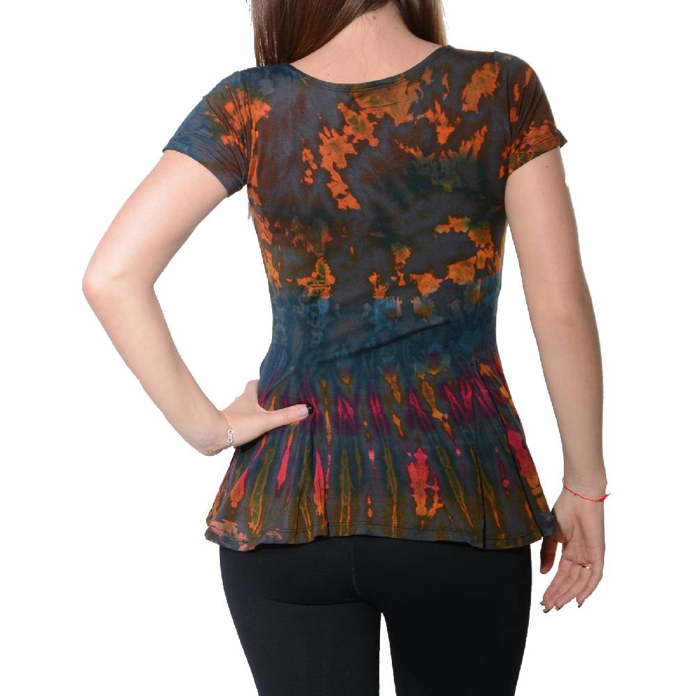 Kunst Und Magie Kunst und Magie Damen Buntes Tie Dye Batik T-Shirt mit Volant Räumungsverkauf