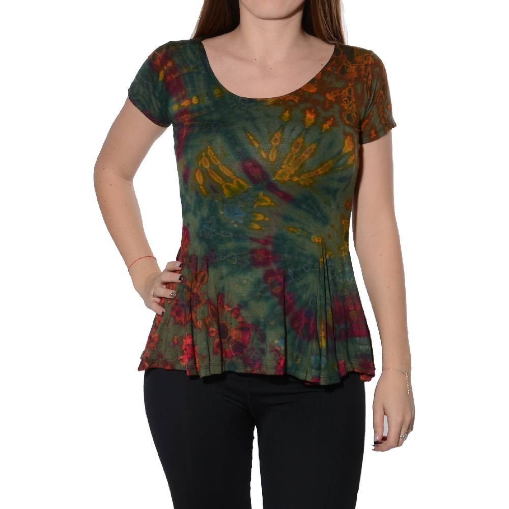 Kunst Und Magie Kunst und Magie Damen Buntes Tie Dye Batik T-Shirt mit Volant Räumungsverkauf