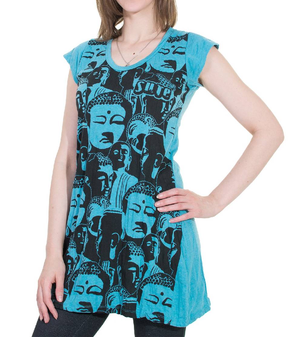Kunst Und Magie 70er Retro Longshirt Minikleid Sure Psy Goa T-Shirt mit Buddha Köpfen VIP-Rabatte