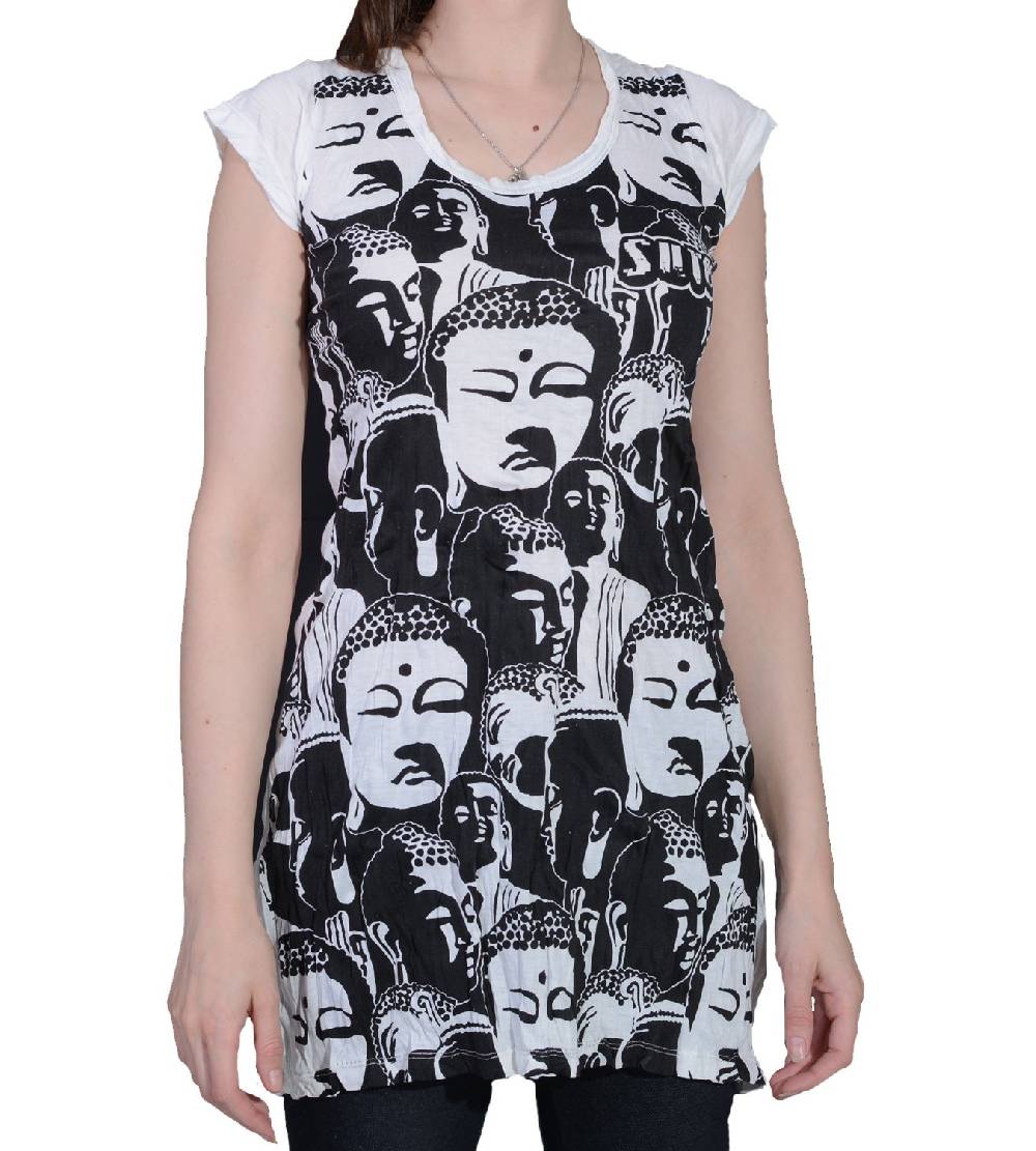Kunst Und Magie 70er Retro Longshirt Minikleid Sure Psy Goa T-Shirt mit Buddha Köpfen VIP-Rabatte