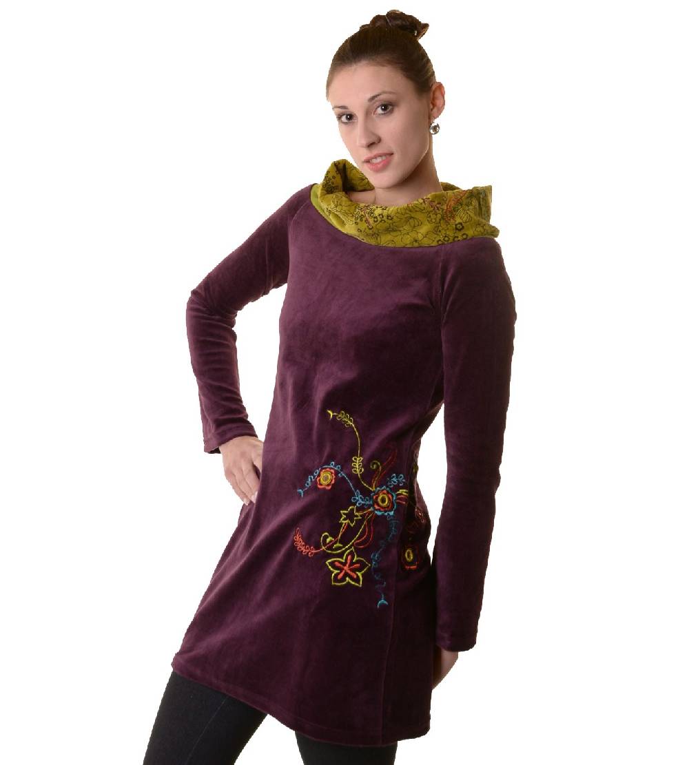 Kunst Und Magie Boho Tunika/Kleid mit Kragen aus Samt Auslauf