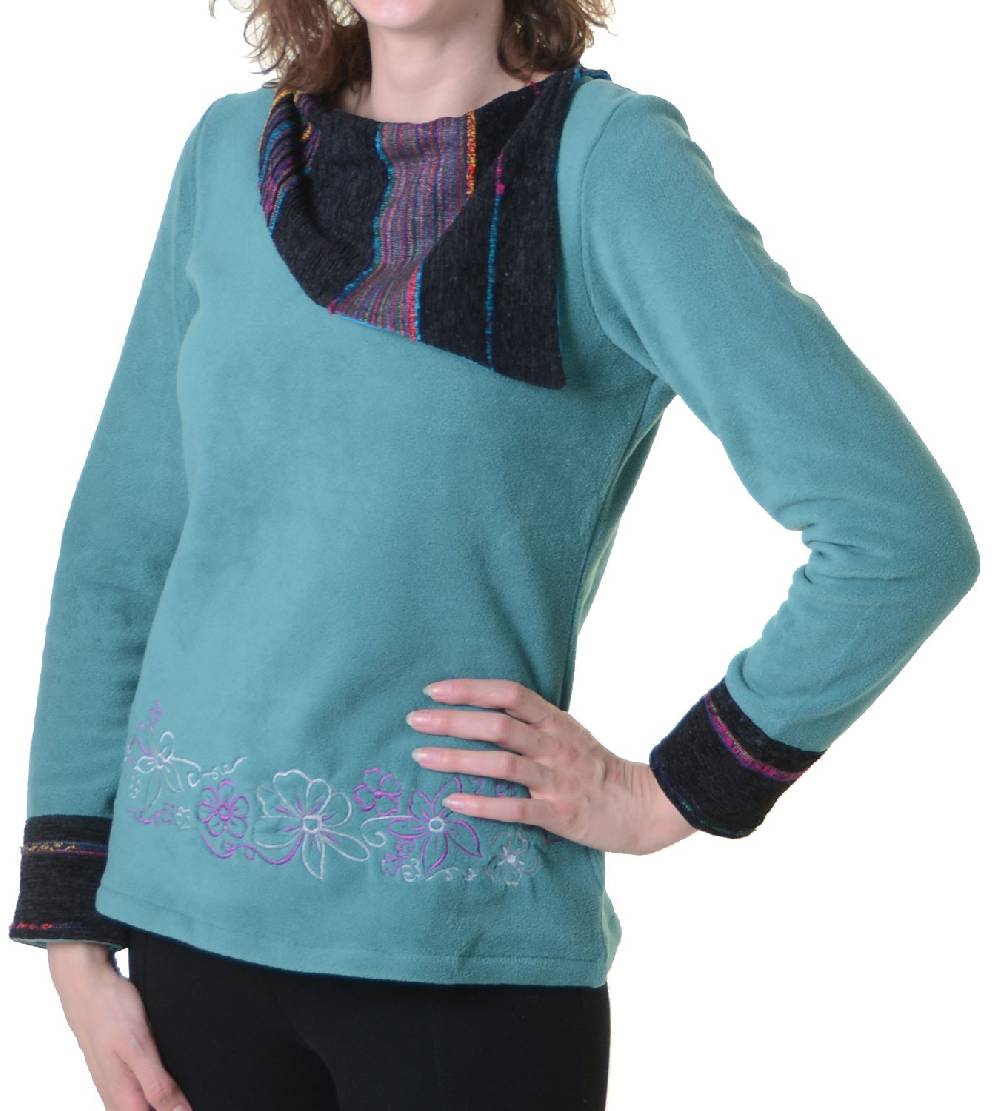 Kunst Und Magie Fleecepullover mit Blumenmustern und auffälligem Baumwoll-Kragen - Damen Oberteil Hippie Goa Boho Überzieher Blitzverkäufe
