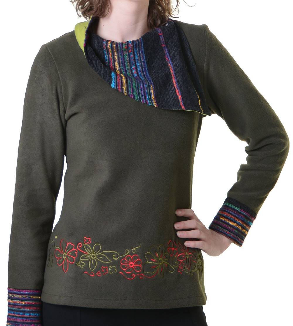 Kunst Und Magie Fleecepullover mit Blumenmustern und auffälligem Baumwoll-Kragen - Damen Oberteil Hippie Goa Boho Überzieher Blitzverkäufe