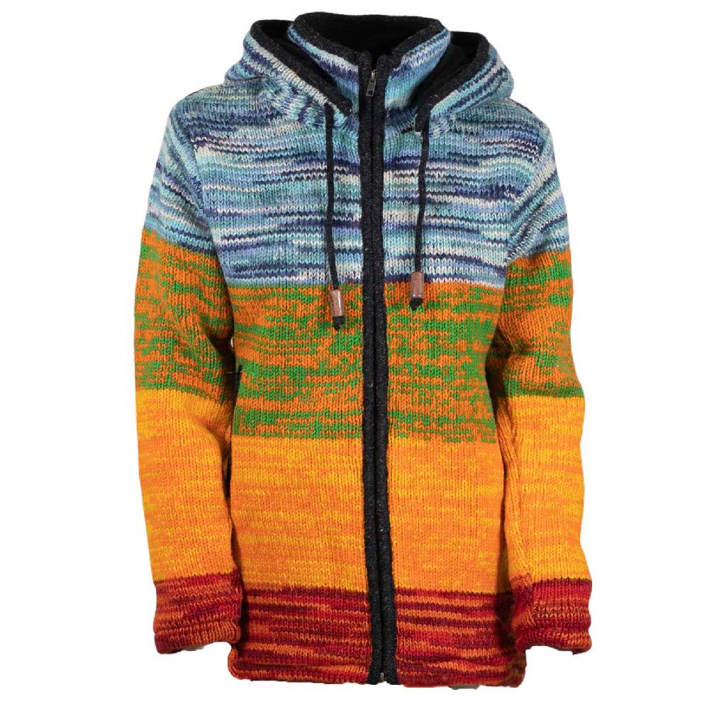 Kunst Und Magie Damen Strickjacke Goa Wolle Jacke mit abnehmbarer Zipfelkapuze Fleecefutter Rainbow Zeitlich begrenztes Angebot