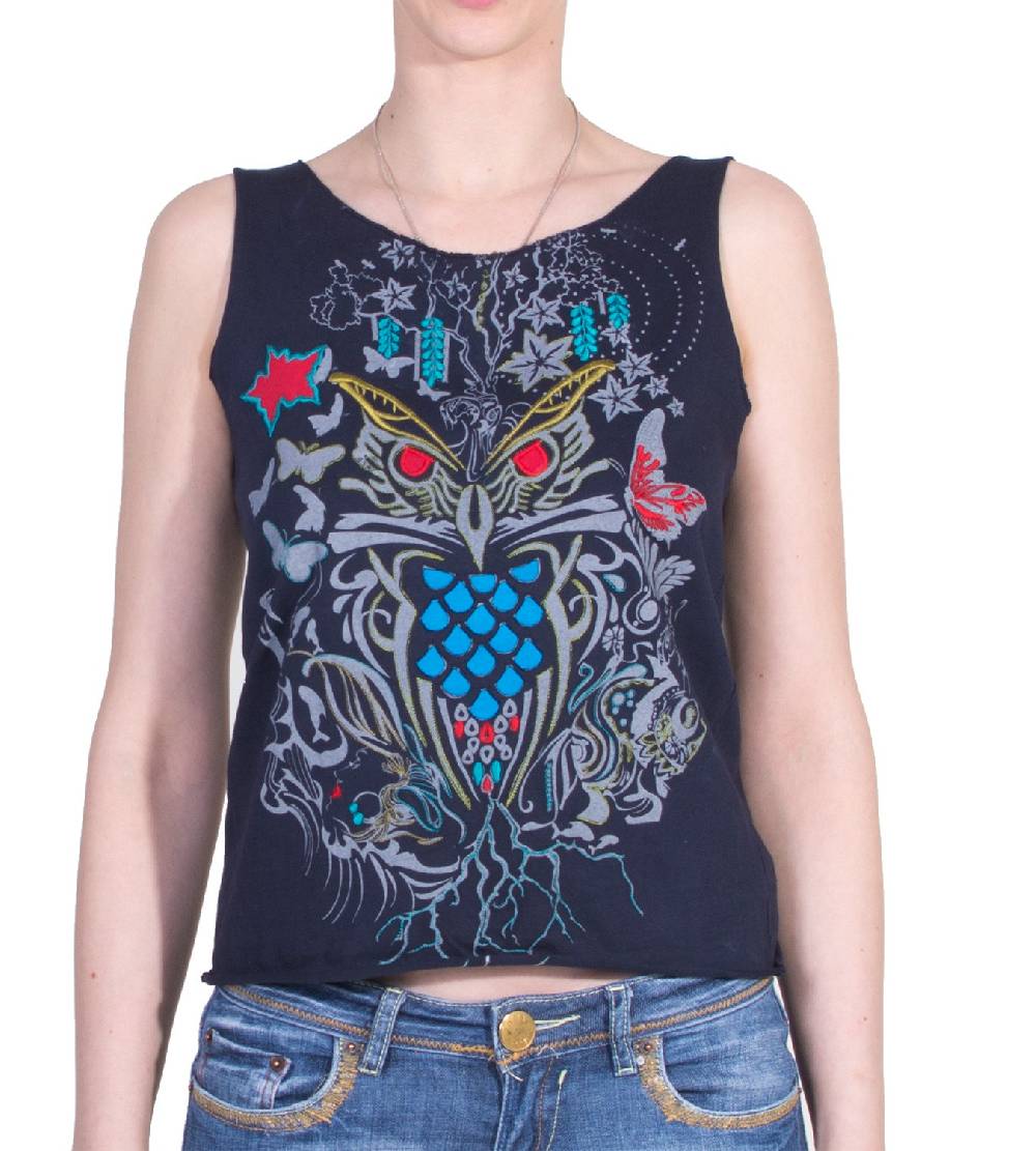 Kunst Und Magie Extravagantes, luftiges Girlie Tank-Top mit Eulenmotiv Sommer Hippie Goa Wochenangebot