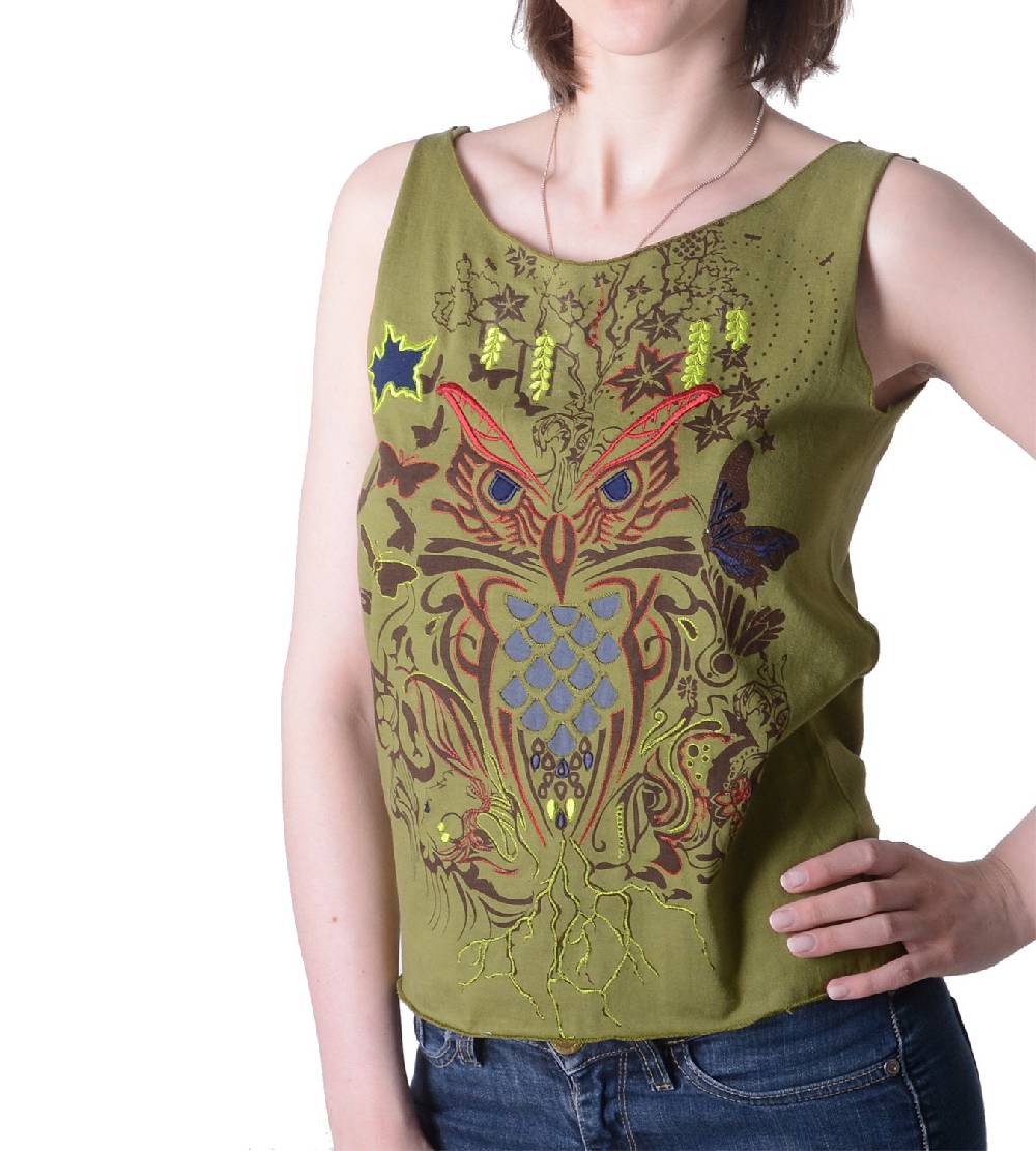 Kunst Und Magie Extravagantes, luftiges Girlie Tank-Top mit Eulenmotiv Sommer Hippie Goa Wochenangebot