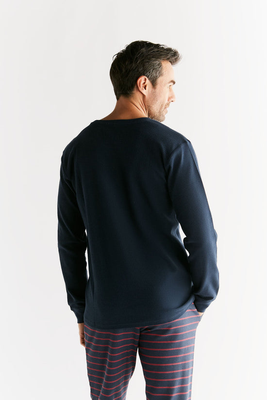 Leela Cotton 2208-061 | Waffel Strick Herren Langarmshirt - Indigo Bis zu 65% Rabatt
