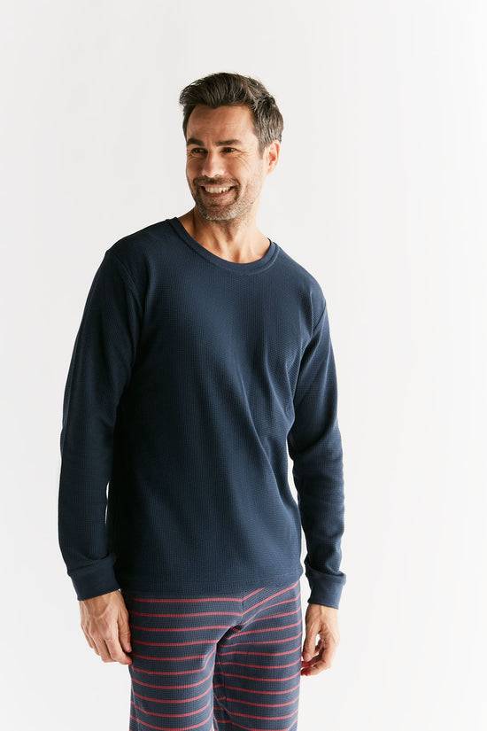 Leela Cotton 2208-061 | Waffel Strick Herren Langarmshirt - Indigo Bis zu 65% Rabatt