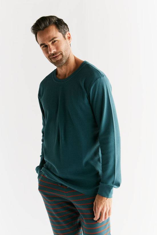 Leela Cotton 2208-063 | Waffel Strick Herren Langarmshirt - Tanne Nur für heute