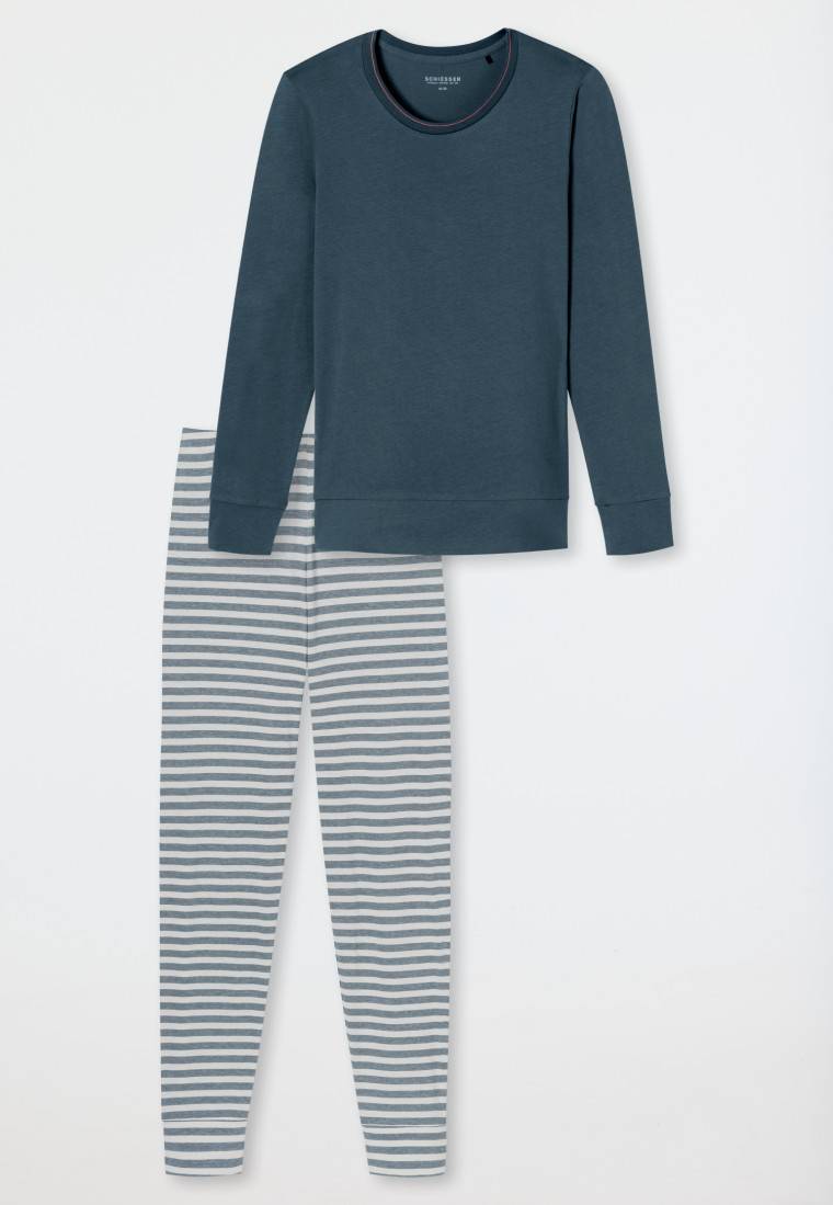 Schiesser Schlafanzug lang Bündchen Ringel jeansblau - Casual Essentials Kostenloser Versand