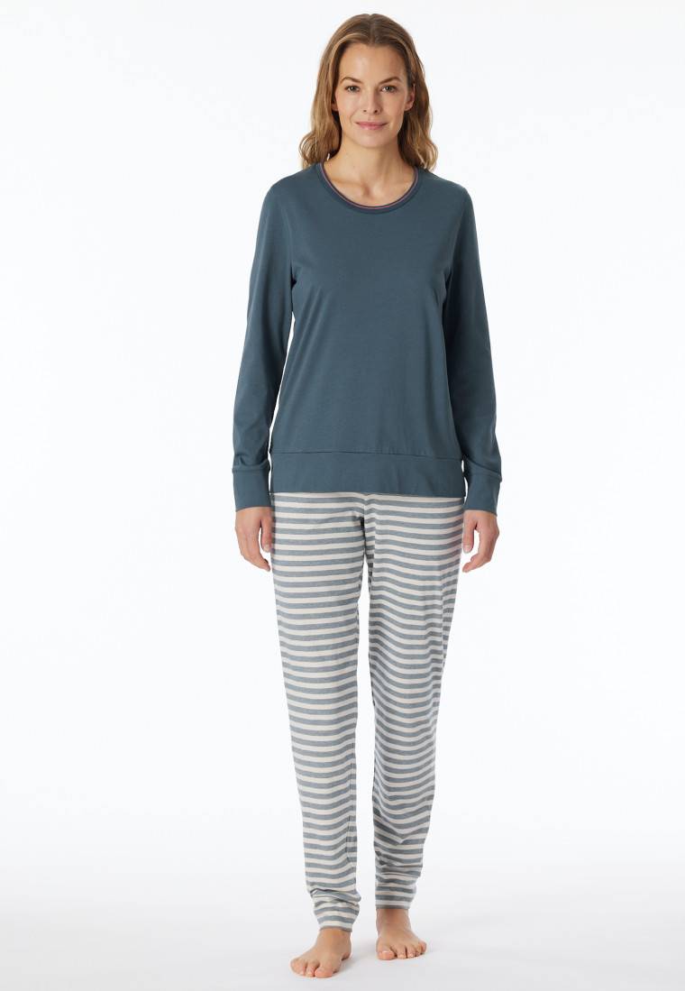 Schiesser Schlafanzug lang Bündchen Ringel jeansblau - Casual Essentials Kostenloser Versand