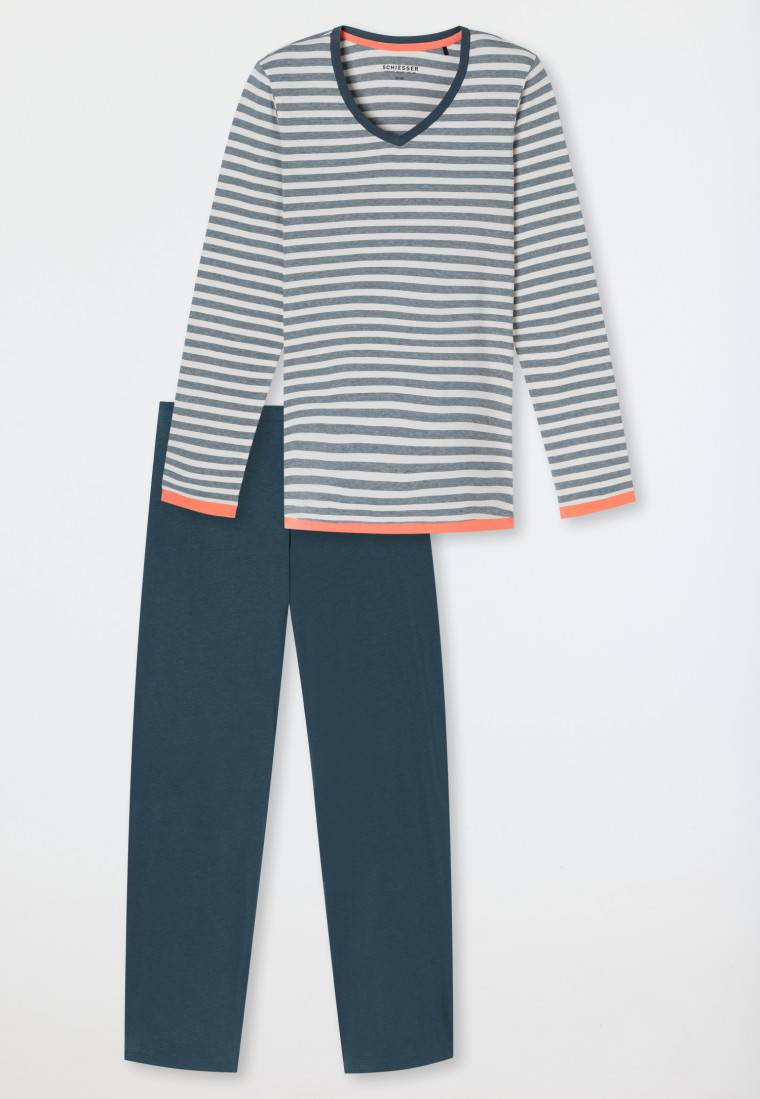 Schiesser Schlafanzug lang Ringel jeansblau - Casual Essentials Fabrik Onlineshop