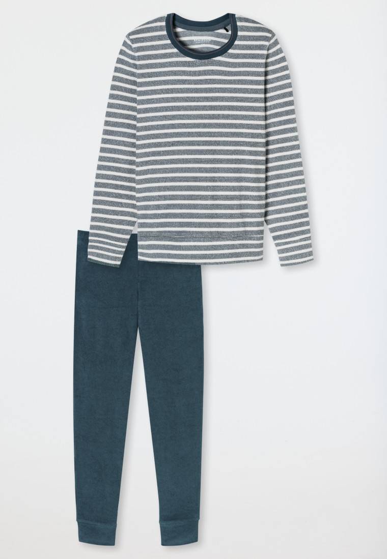 Schiesser Schlafanzug lang Frottee Bündchen Ringel jeansblau - Casual Essentials Fabrikpreis