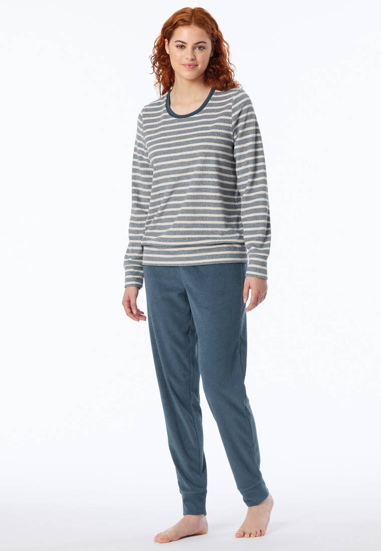 Schiesser Schlafanzug lang Frottee Bündchen Ringel jeansblau - Casual Essentials Fabrikpreis