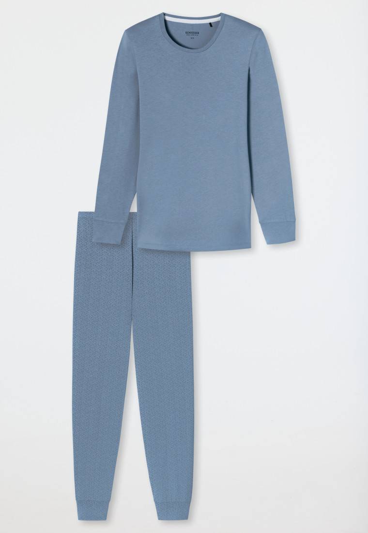 Schiesser Schlafanzug lang Bündchen blaugrau gemustert - Comfort Essentials Sonderangebot