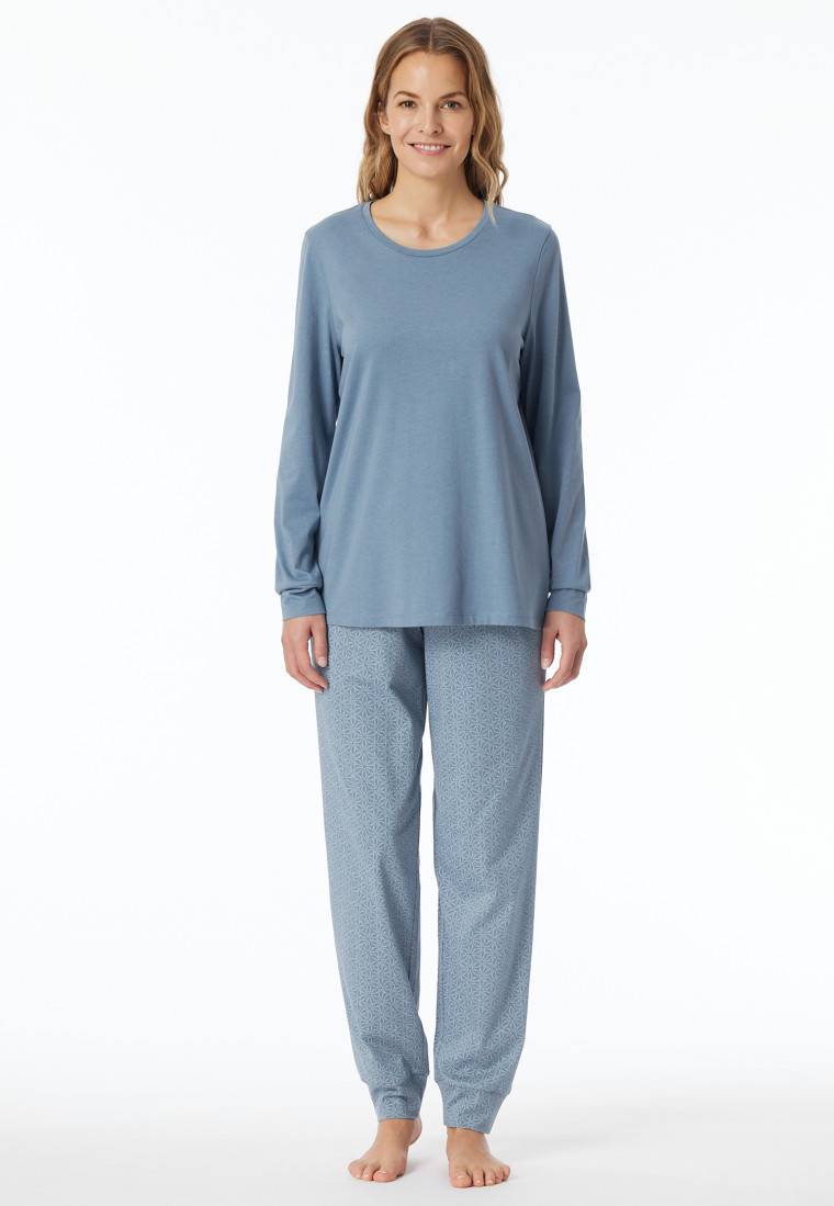 Schiesser Schlafanzug lang Bündchen blaugrau gemustert - Comfort Essentials Sonderangebot