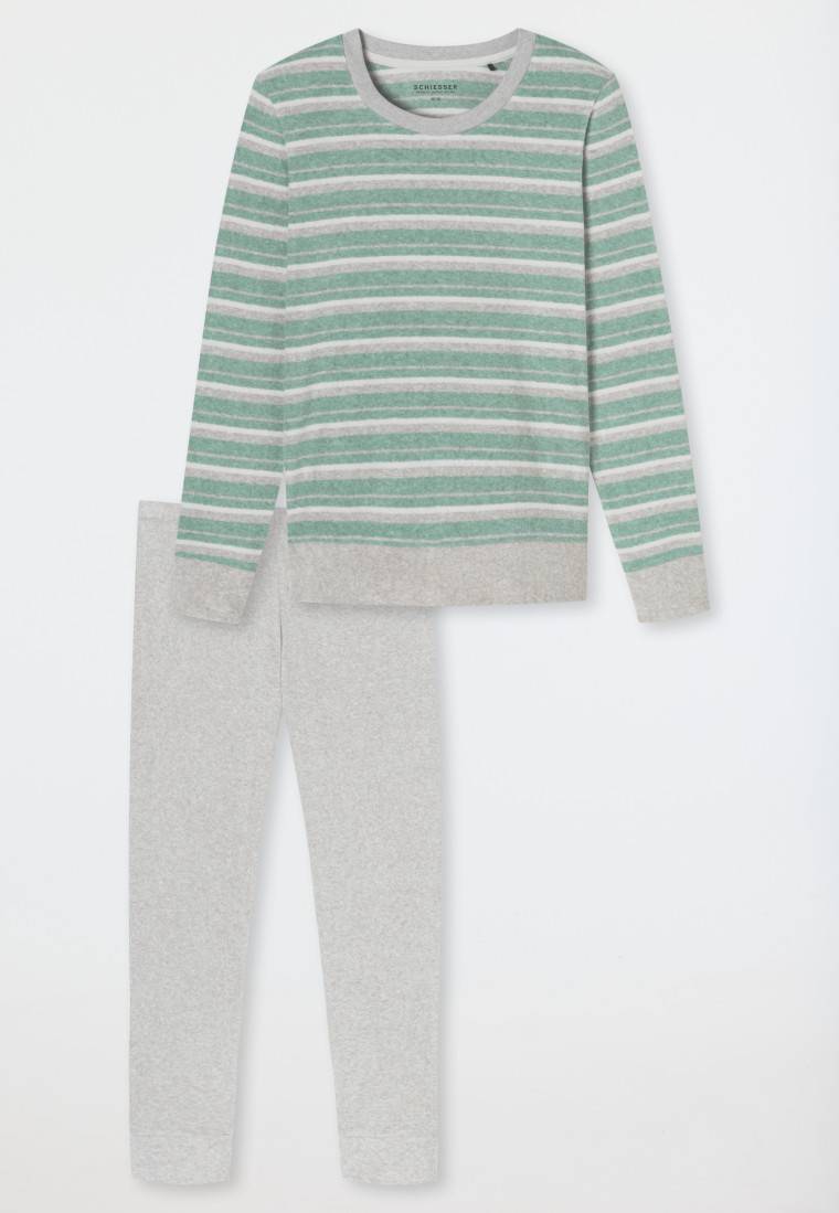 Schiesser Schlafanzug lang Frottee Bündchen Ringel grün-meliert - Casual Essentials Online Shopping