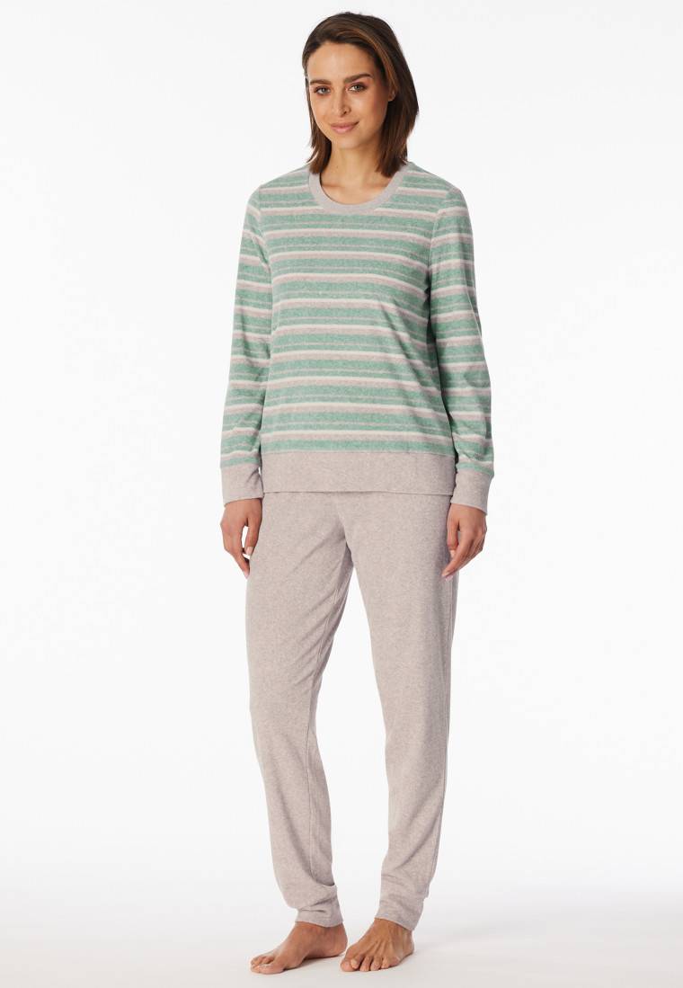 Schiesser Schlafanzug lang Frottee Bündchen Ringel grün-meliert - Casual Essentials Online Shopping
