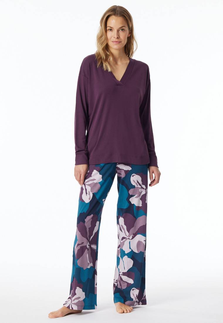 Schiesser Schlafanzug lang Interlock pflaume bedruckt - Modern Nightwear Osterangebot