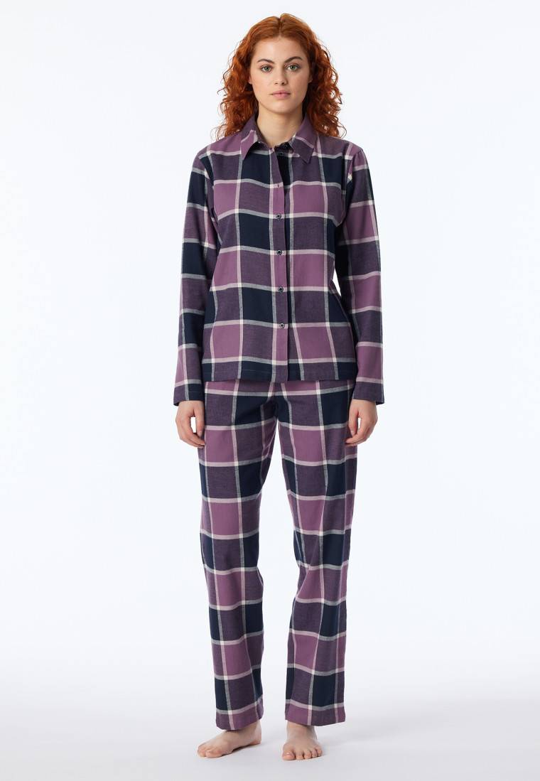Schiesser Pyjama lang Flanell beige nachtblau - Selected Premium Warming Jubiläumsangebot