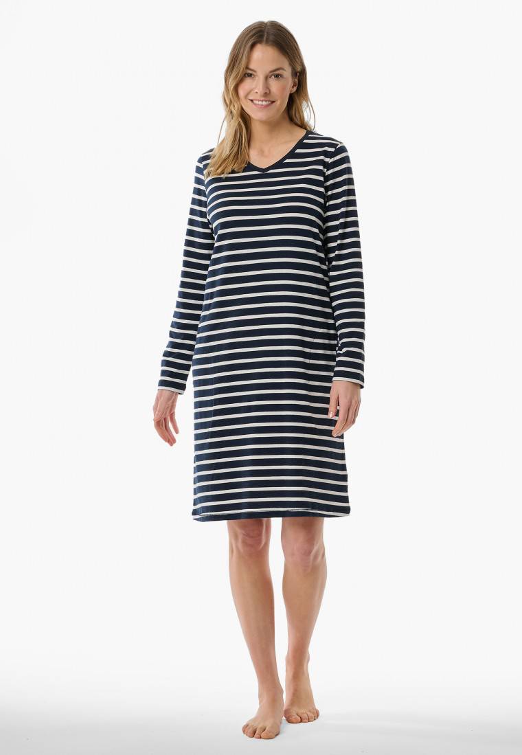 Schiesser Nachthemd langarm Streifen nachtblau - Casual Essentials Super Rabatt