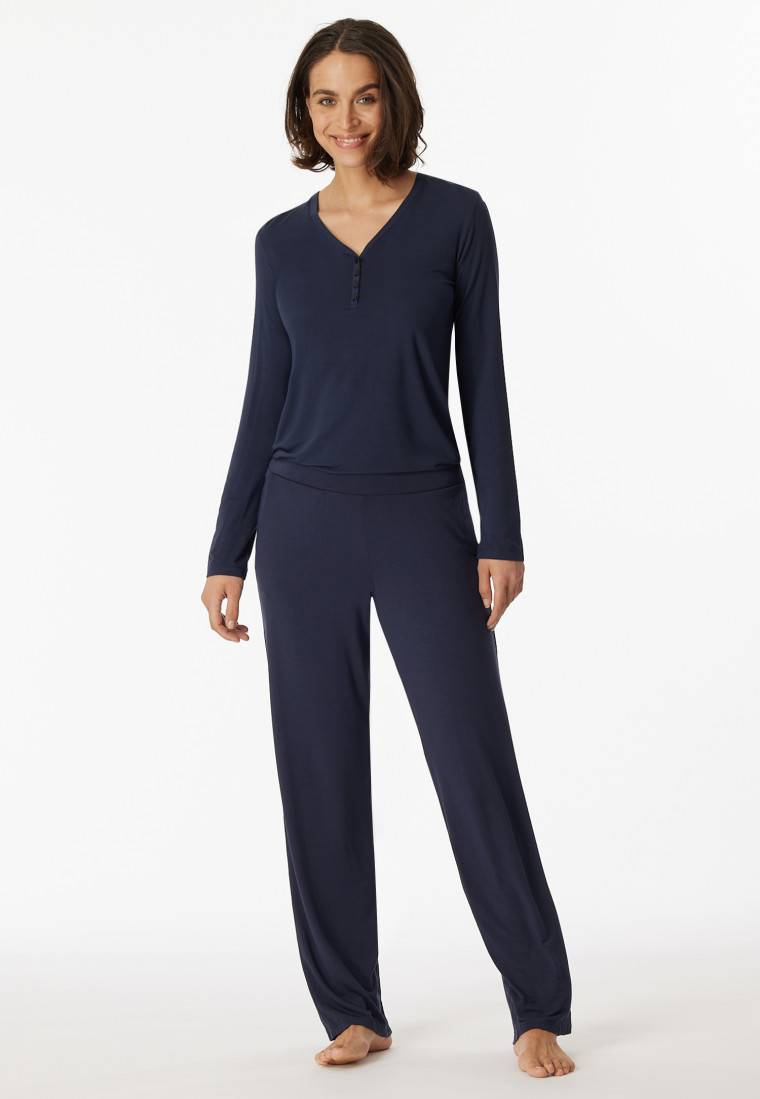 Schiesser Shirt langarm Modal V-Ausschnitt Knopfleiste blau - Mix+Relax