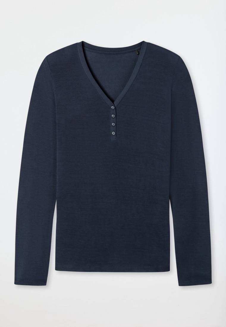 Schiesser Shirt langarm Modal V-Ausschnitt Knopfleiste blau - Mix+Relax Günstiger Verkauf