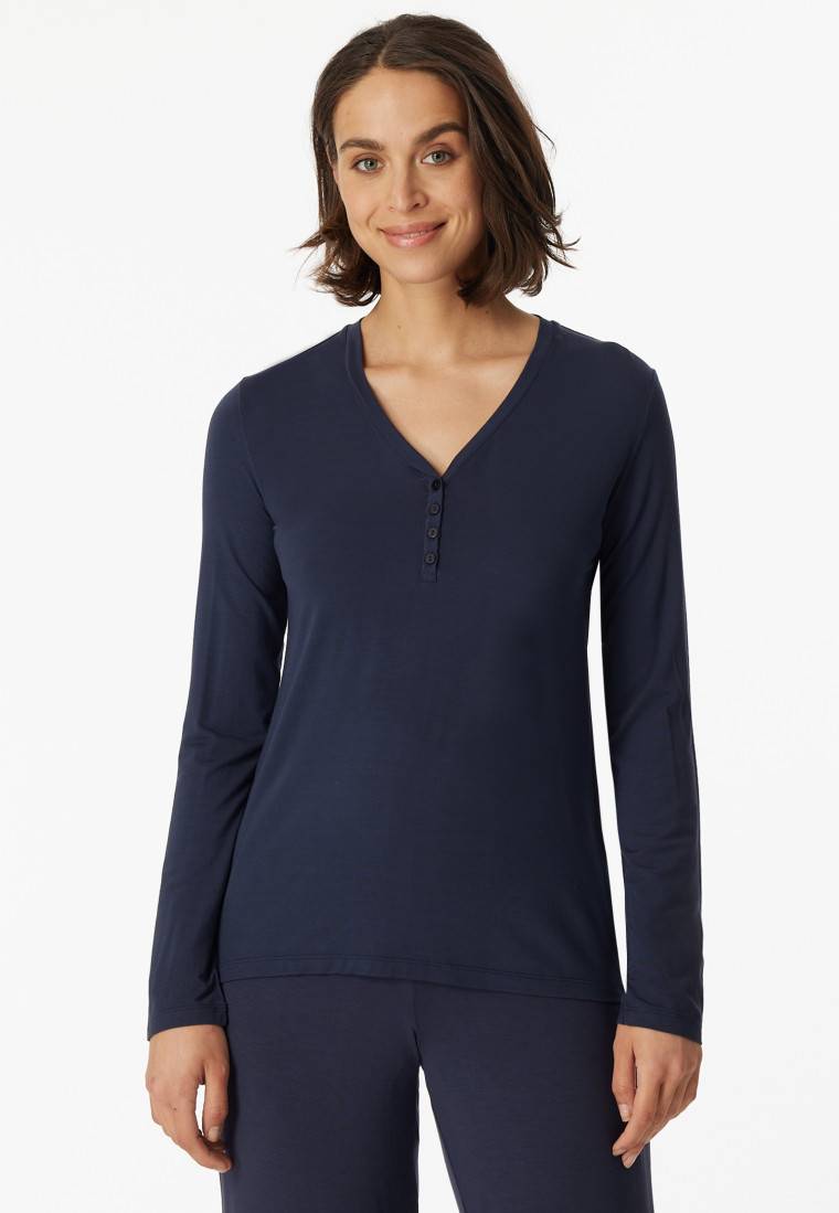 Schiesser Shirt langarm Modal V-Ausschnitt Knopfleiste blau - Mix+Relax Günstiger Verkauf