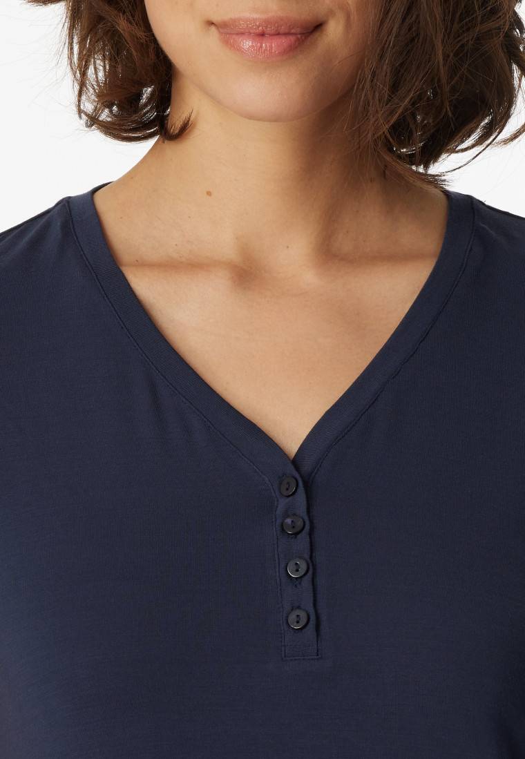 Schiesser Shirt langarm Modal V-Ausschnitt Knopfleiste blau - Mix+Relax Günstiger Verkauf