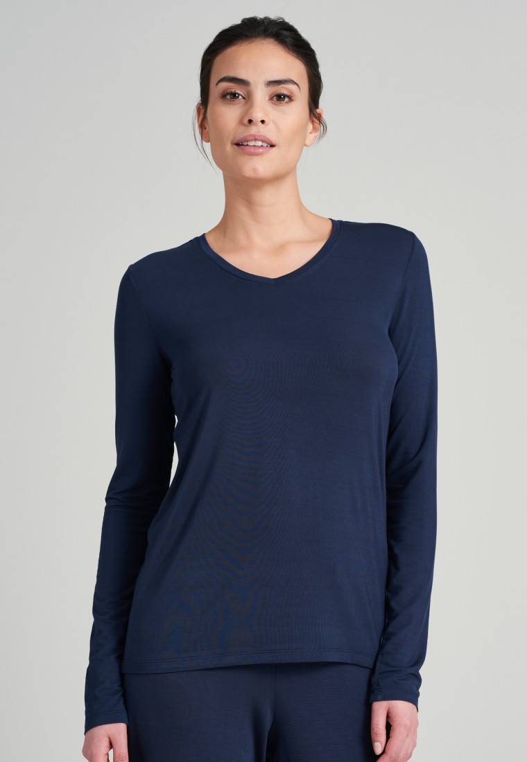 Schiesser Shirt langarm Modal V-Ausschnitt blau - Mix+Relax Limitierter Zeitrabatt